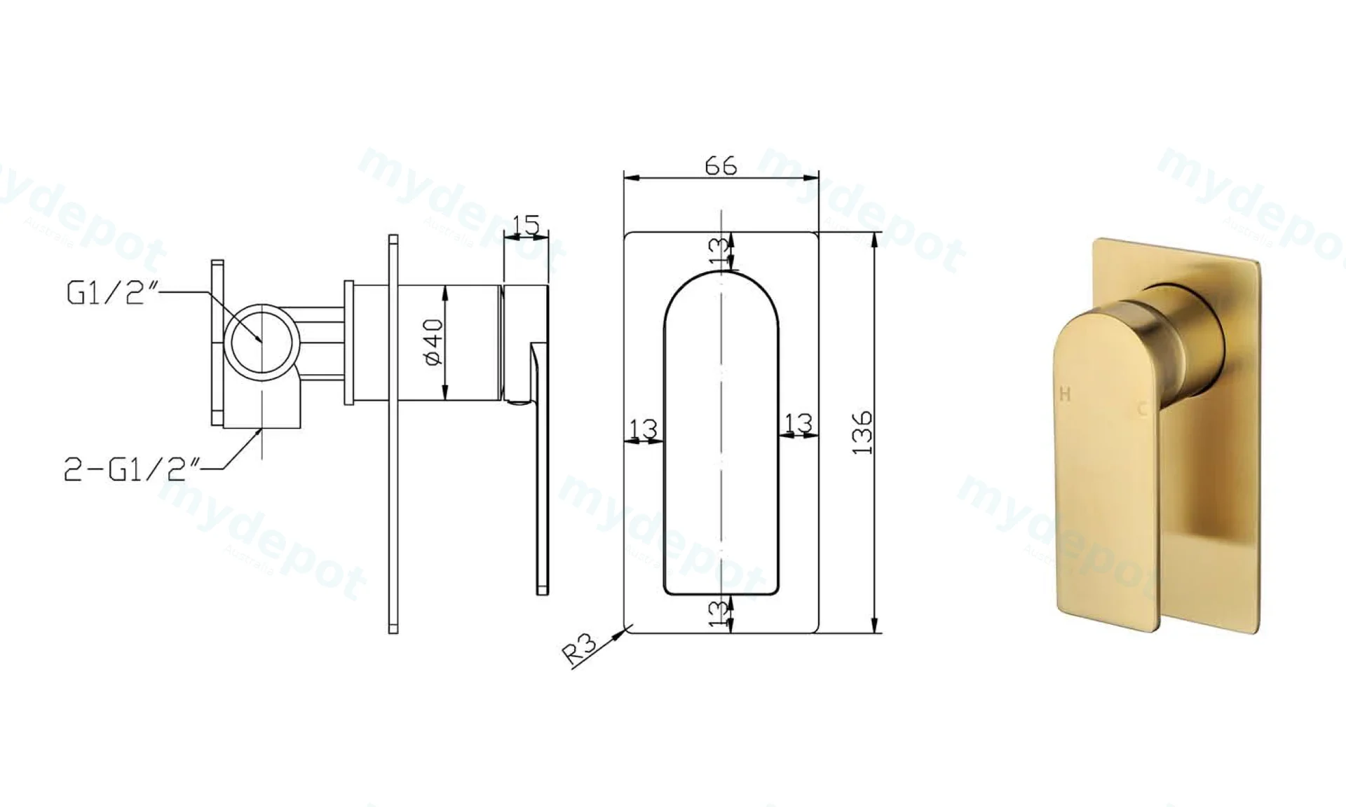 Ruki Wall Mixer Brushed Gold Lead Free view 2
