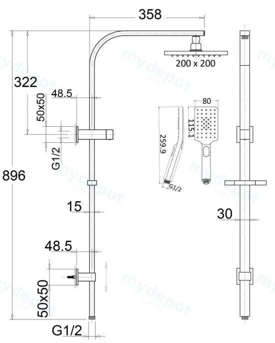 Eden Square Multi-function Shower Set Brushed Nickel,200mm Plastic Shower Head view 2