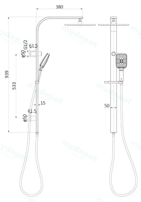 Sando Square MultiFunction Shower Set Chrome,250mm Plastic Shower Head view 2