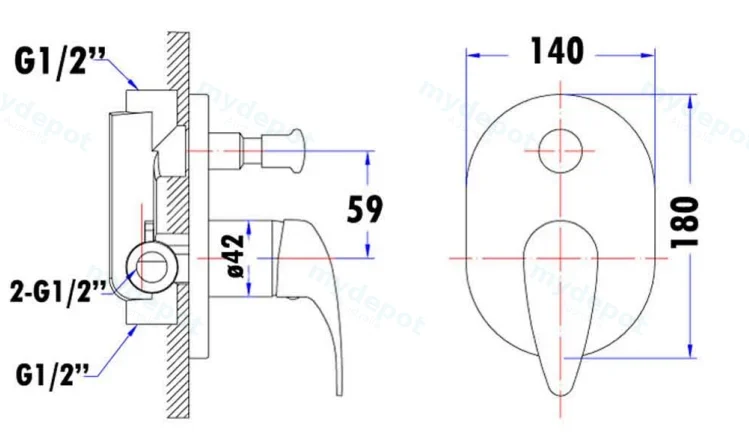Ruby Wall Mixer with Diverter(Chrome) view 2
