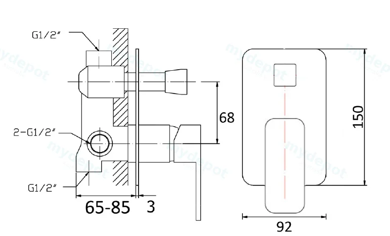 Nova Wall Mixer with Diverter(Chrome) view 2