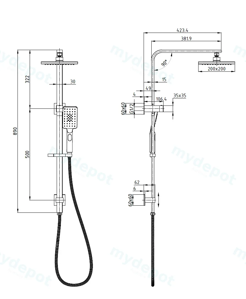 New Eden Square Multi-function Shower Set Chrome,200mm Plastic Shower Head view 2