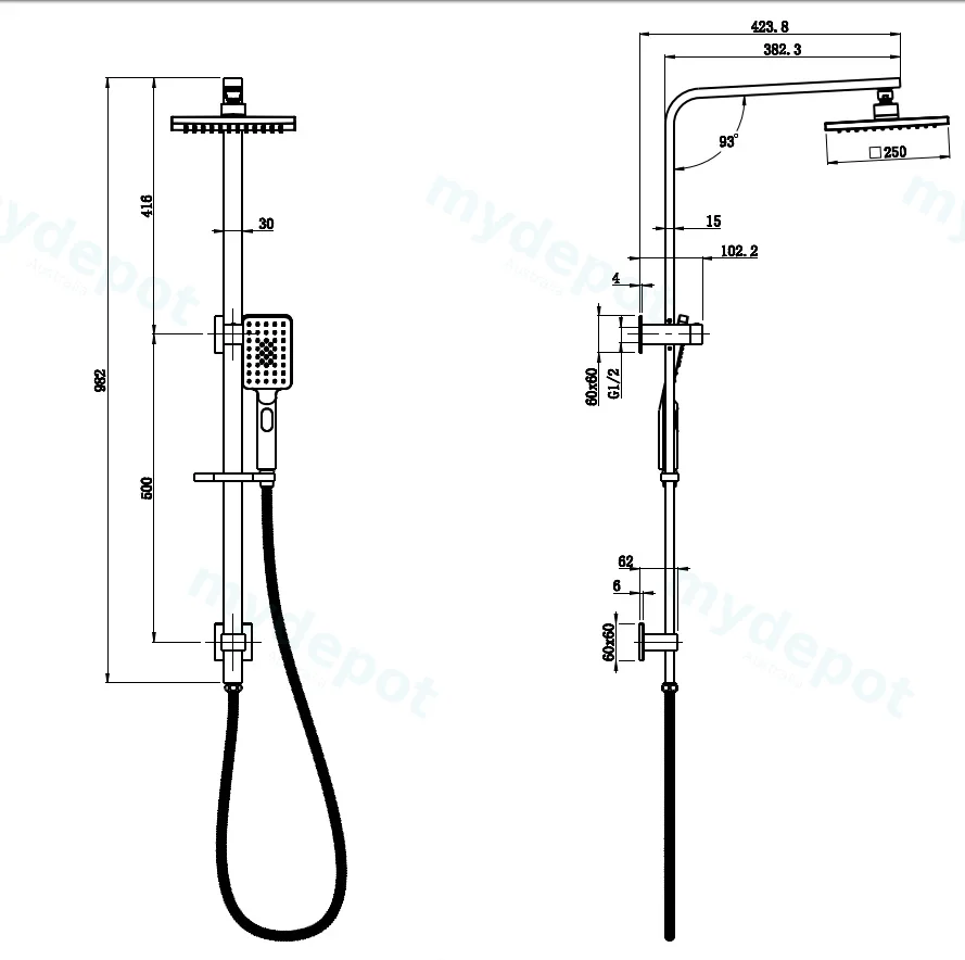New Eden Square Multi-function Shower Set Chrome,250mm Plastic Shower Head view 2