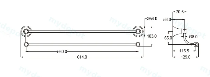 Clasico Double Towel Rail 600mm in Brushed Gold view 2