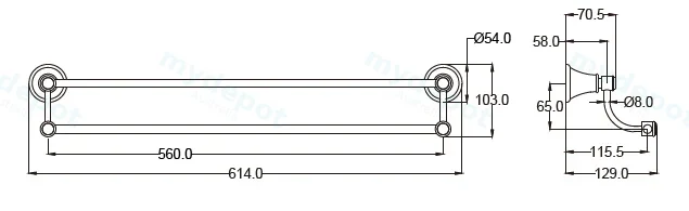 Clasico Double Towel Rail 600mm in Brushed Nickel view 2