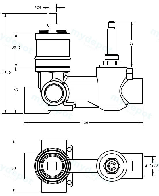 Clasico Wall Diverter Mixer Rough-In Body view 2