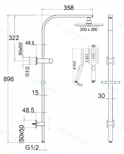 Eden Square Multi-function Shower Set Gun Metal,200mm Plastic Shower Head view 2