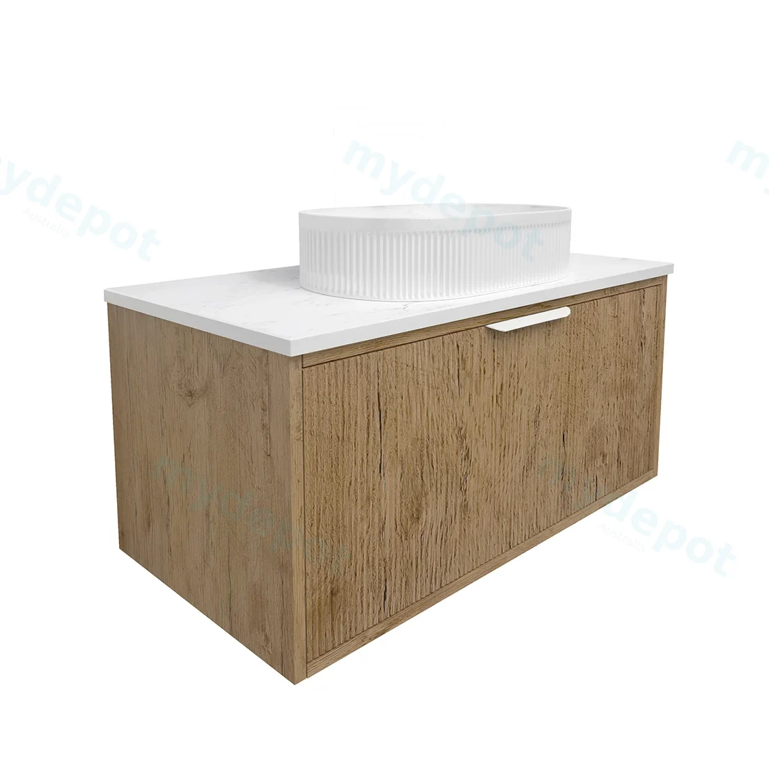 890x455x400mm Kliff Fluted Wood Grain Vanity Prime Oak Soft Closing Drawer Pull Out With Handle view 2