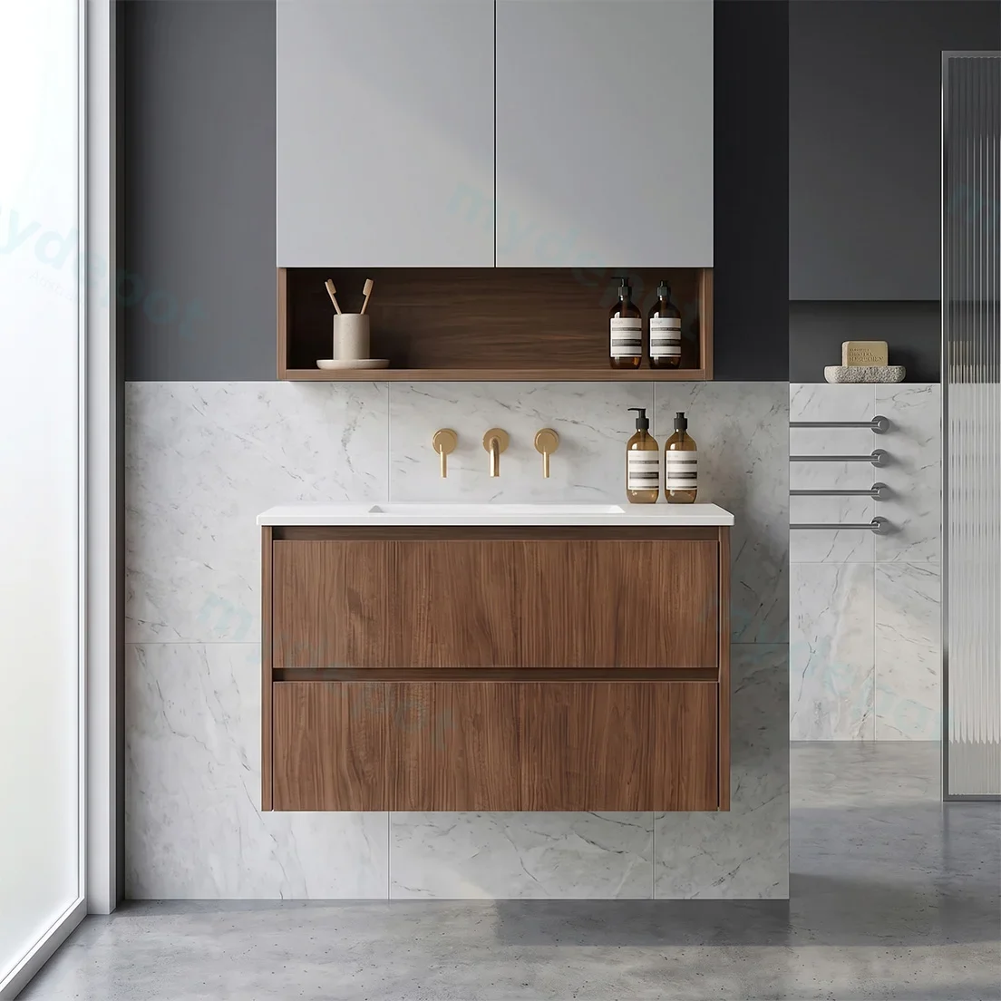 590*455*520mm Mocha Oak Wood Matt Gladstone Modern Wall Hung Plywood Cabinet view 2