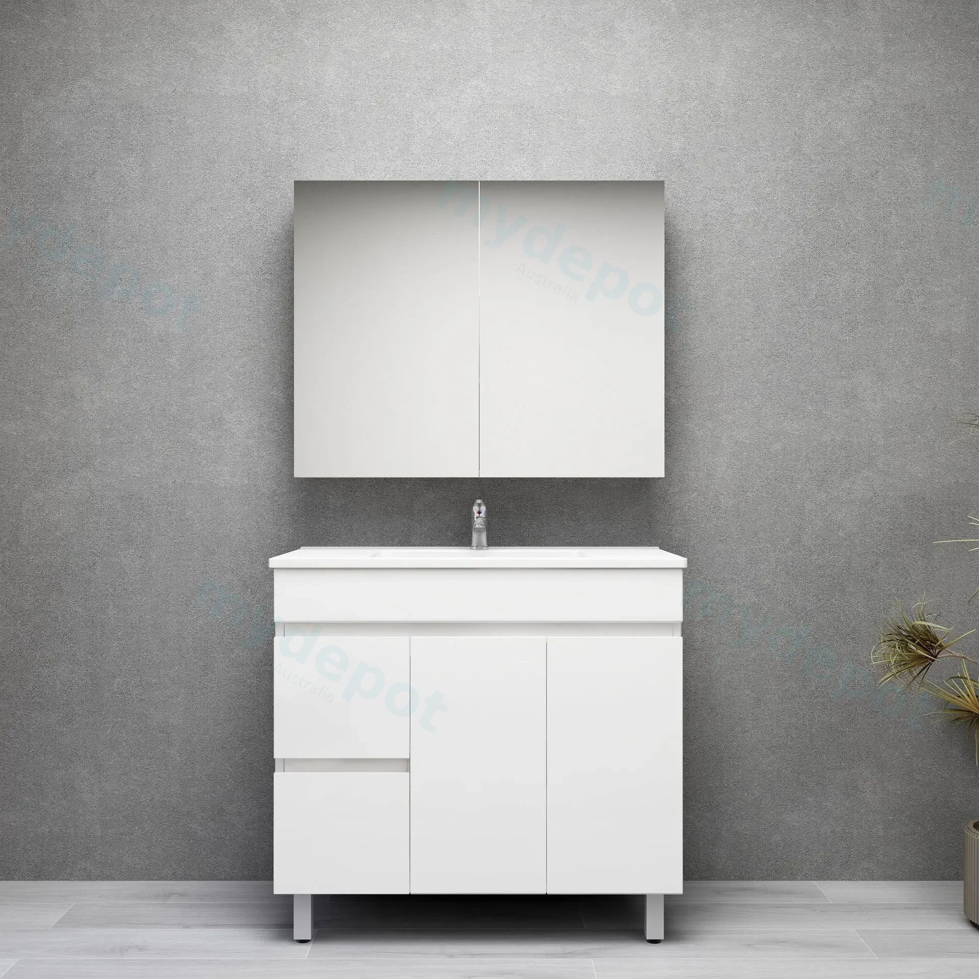 900mm Freestanding Bathroom Vanity Cabinet Only PVC Left Drawer Gloss White view 2