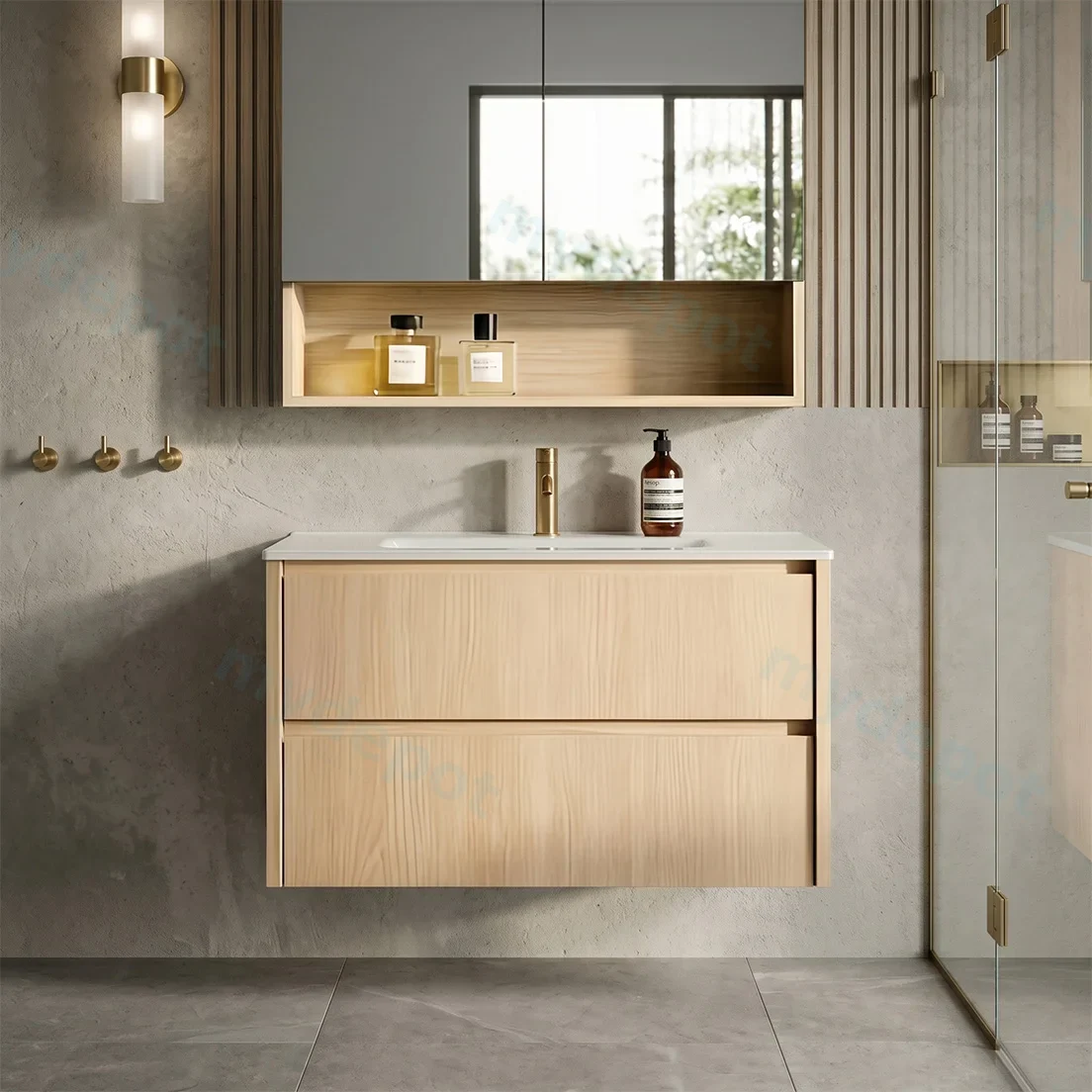 740*455*520mm Sandy Oak Wood Matt Gladstone Modern Wall Hung Plywood Cabinet view 2