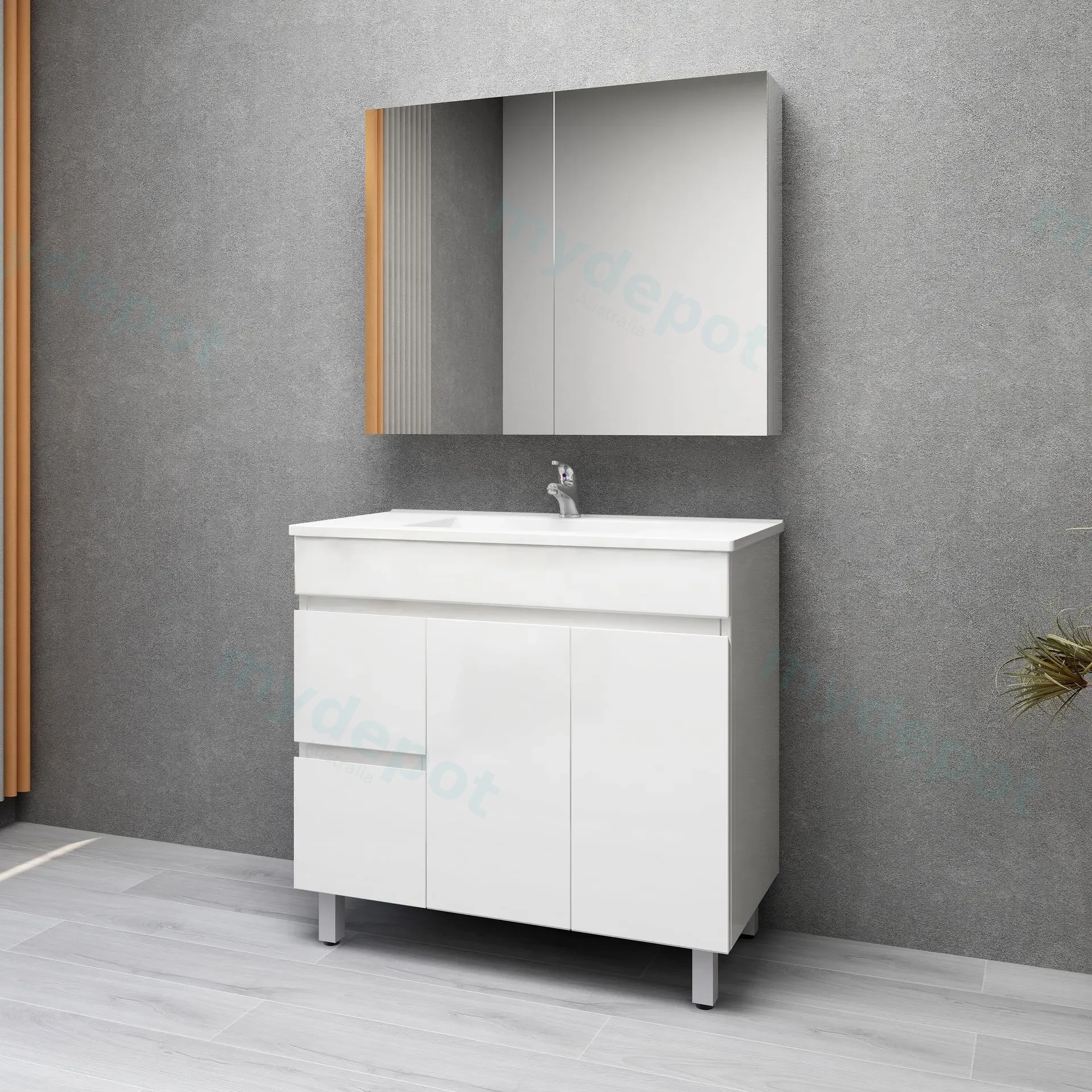 900mm Freestanding Bathroom Vanity Cabinet Only PVC Left Drawer Gloss White view 3