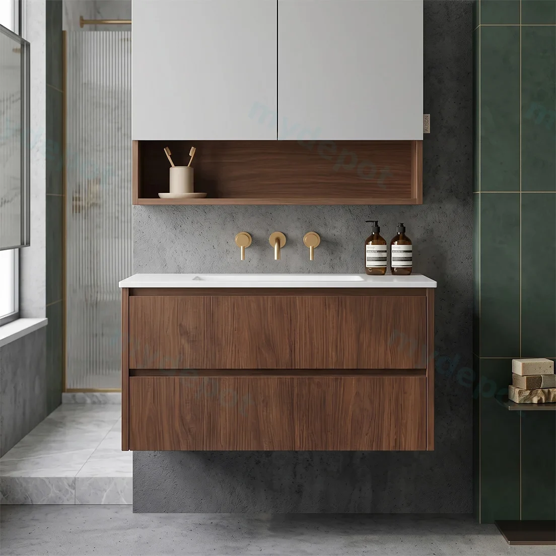 890*455*520mm Mocha Oak Wood Matt Gladstone Modern Wall Hung Plywood Cabinet view 2
