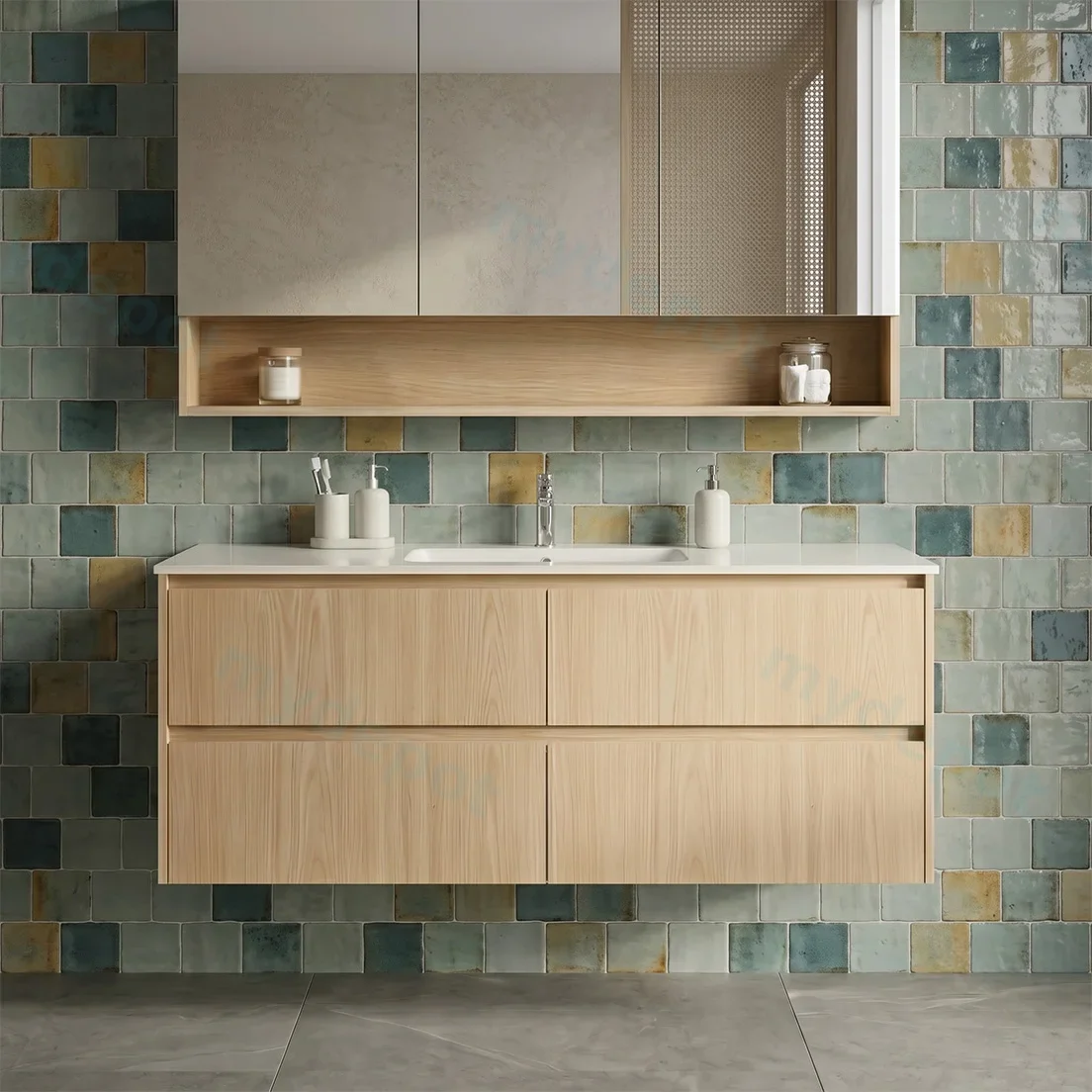 1190*455*520mm Sandy Oak Wood Matt Gladstone Modern Wall Hung Plywood Cabinet For Single Bowl view 2