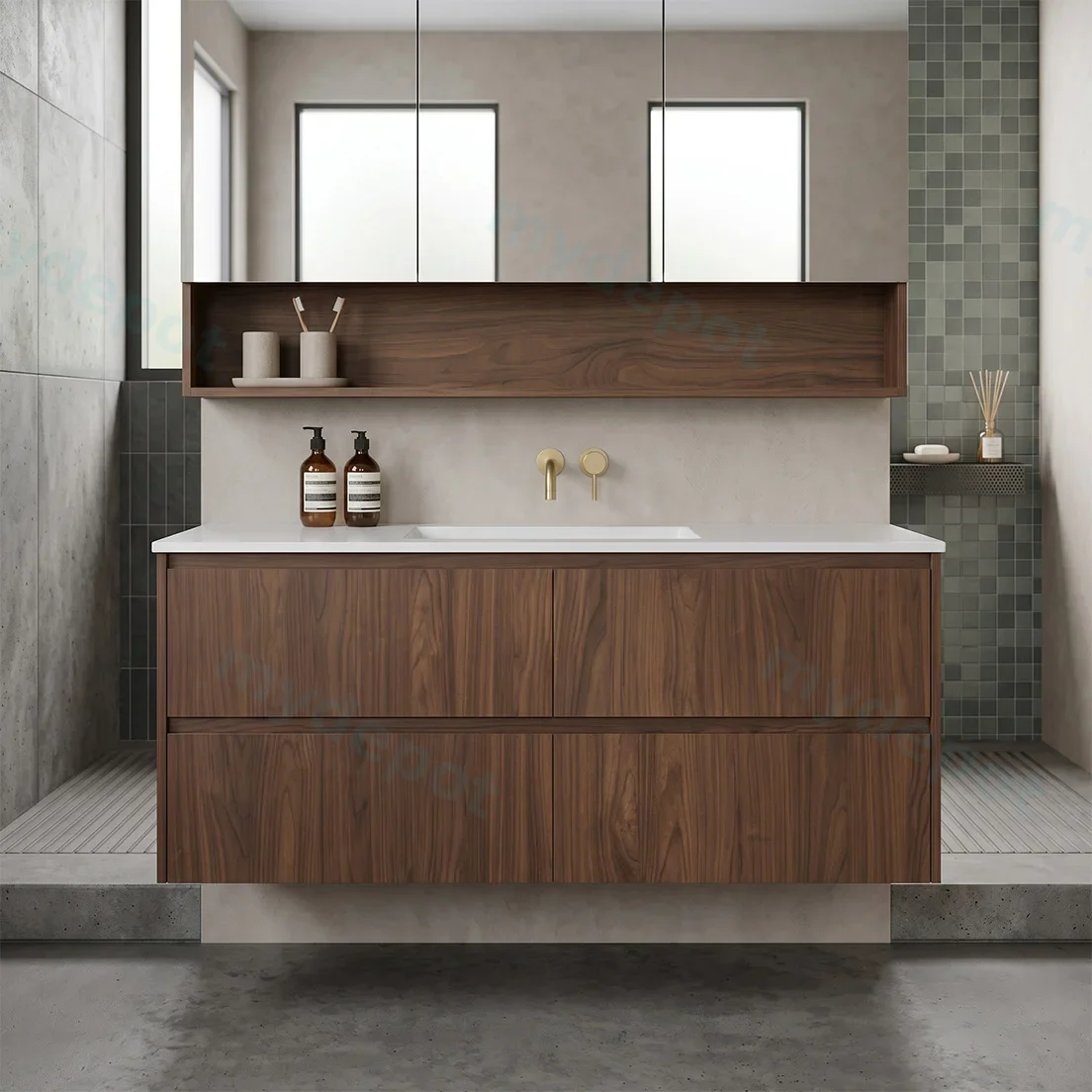 1190*455*520mm Mocha Oak Wood Mat Gladstone Modern Wall Hung Plywood Cabinet For Single Bowl view 2