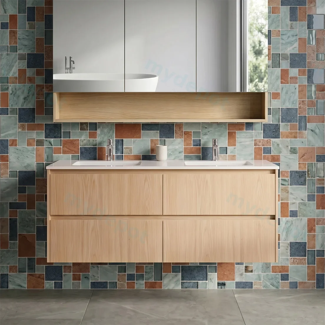 1190*455*520mm Sandy Oak Wood Matt Gladstone Modern Wall Hung Plywood Cabinet For Double Bowl view 2