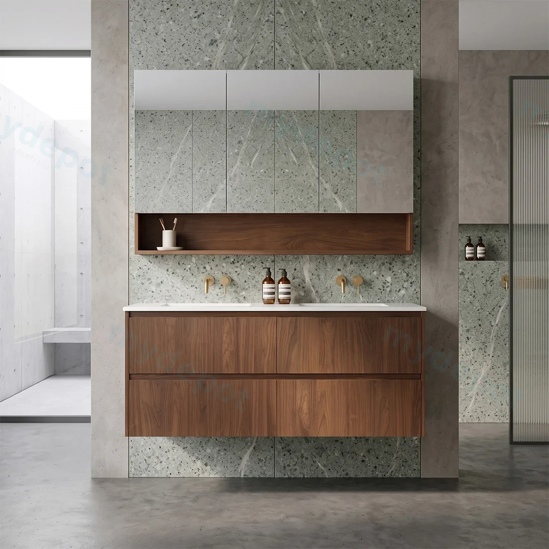 1190*455*520mm Mocha Oak Wood Mat Gladstone Modern Wall Hung Plywood Cabinet For Double Bowl view 2