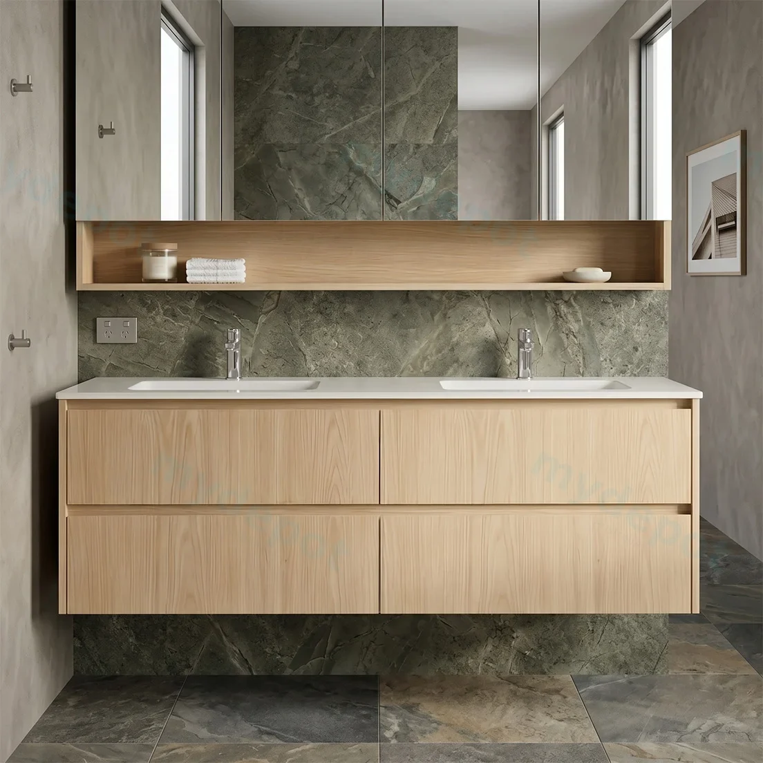 1490*455*520mm Sandy Oak Wood Matt Gladstone Modern Wall Hung Plywood Cabinet For Single And Double Bowl view 2