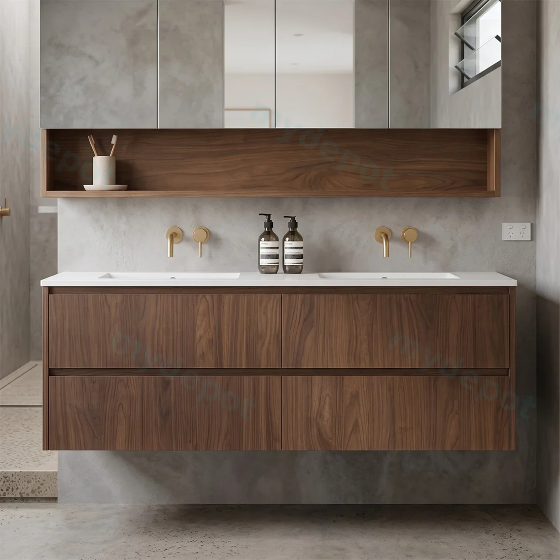 1490*455*520mm Mocha Oak Wood Matt Gladstone Modern Wall Hung Plywood Cabinet For Single And Double Bowl view 2