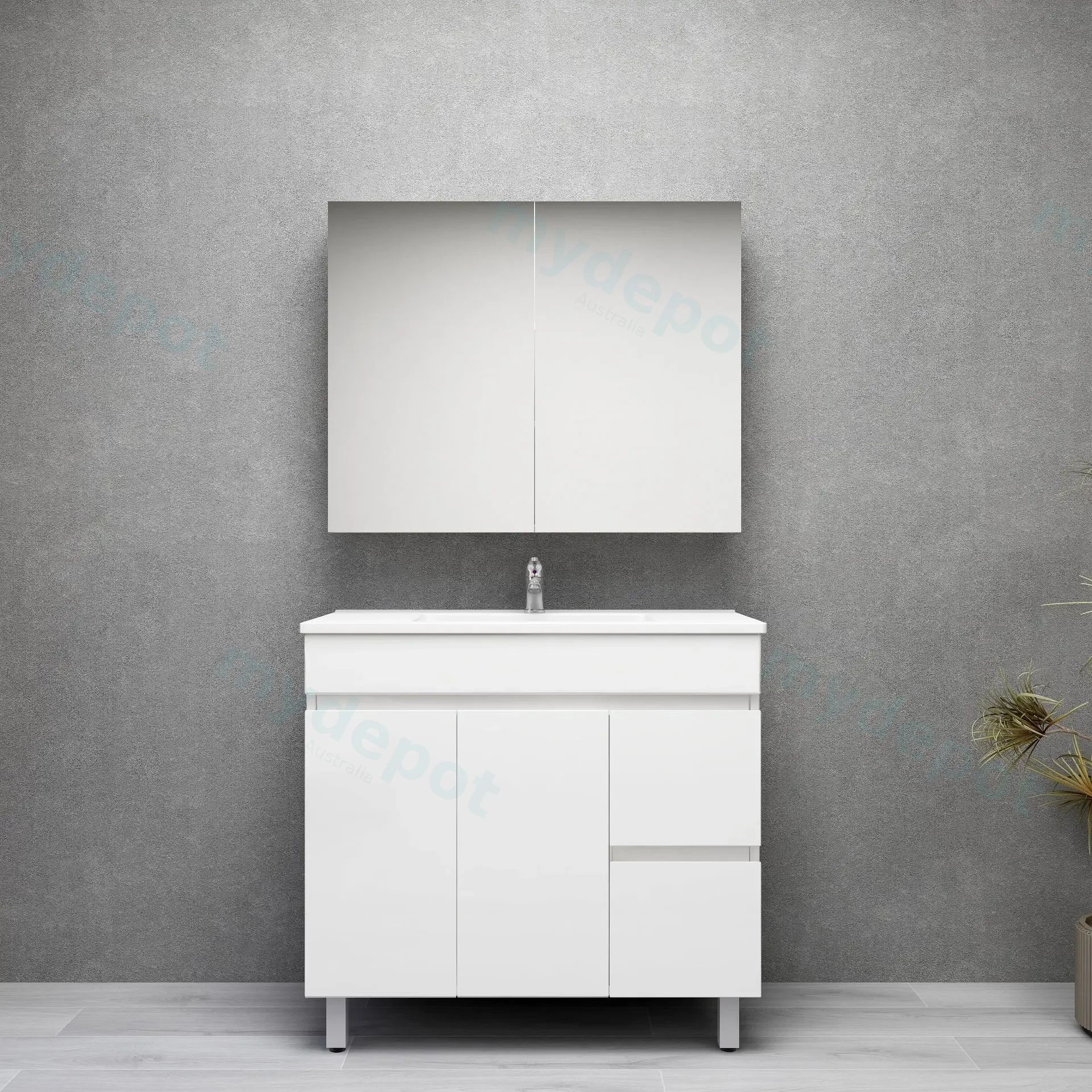 900mm Freestanding Bathroom Vanity Cabinet Only PVC Right Drawer Gloss White view 2