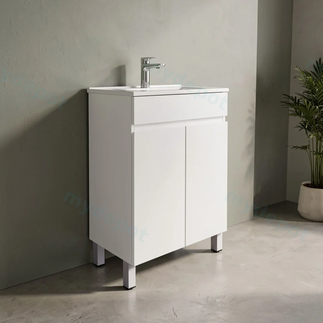 600mm Narrow Gloss White MDF 2 Doors Freestanding Bathroom Vanity Cabinet Only view 3