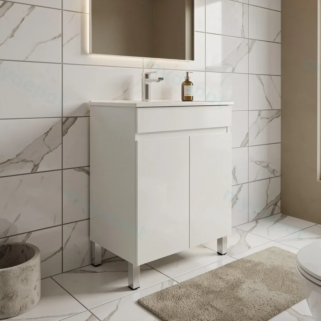 600mm Gloss White MDF 2 Doors Freestanding Bathroom Vanity Cabinet Only view 5