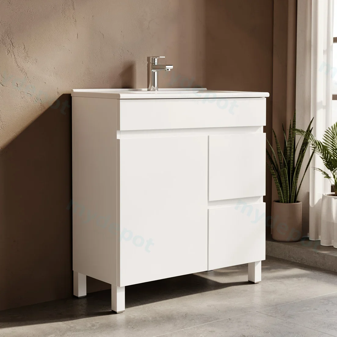 750mm Narrow Gloss White  MDF 2Right Drawers 1 Left Door Freestanding Bathroom Vanity Cabinet Only view 2
