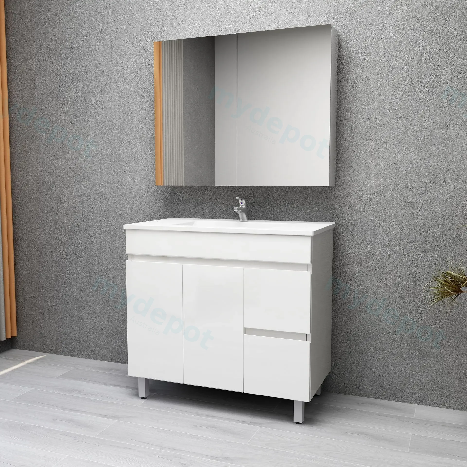 900mm Freestanding Bathroom Vanity Cabinet Only PVC Right Drawer Gloss White view 3