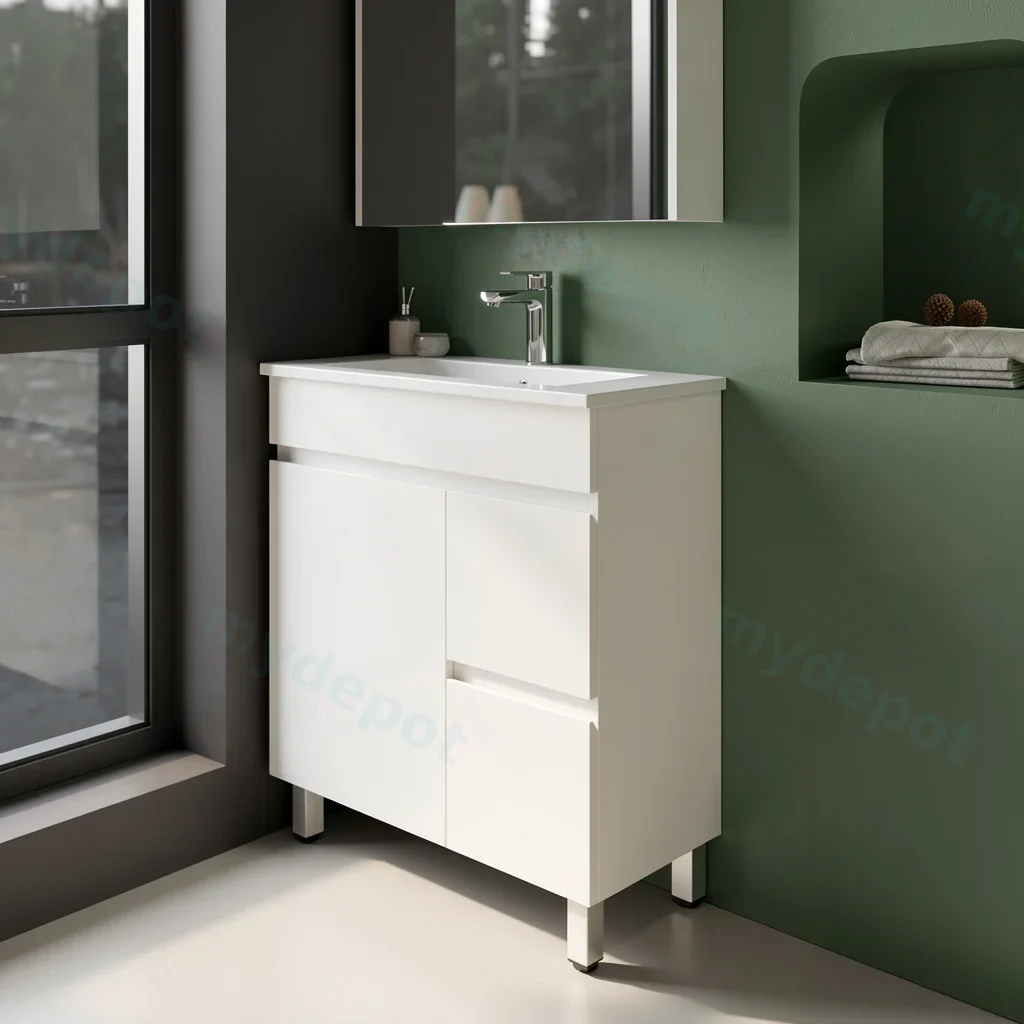 750mm Narrow Gloss White  MDF 2Right Drawers 1 Left Door Freestanding Bathroom Vanity Cabinet Only view 5