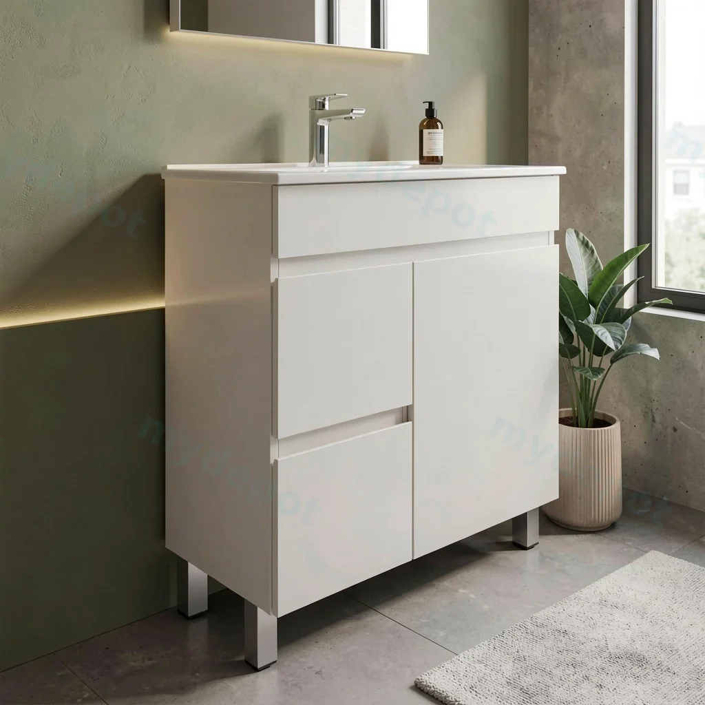 750mm Narrow Gloss White MDF 2 Left Drawers 1 Right Door Freestanding Bathroom Vanity Cabinet Only view 3