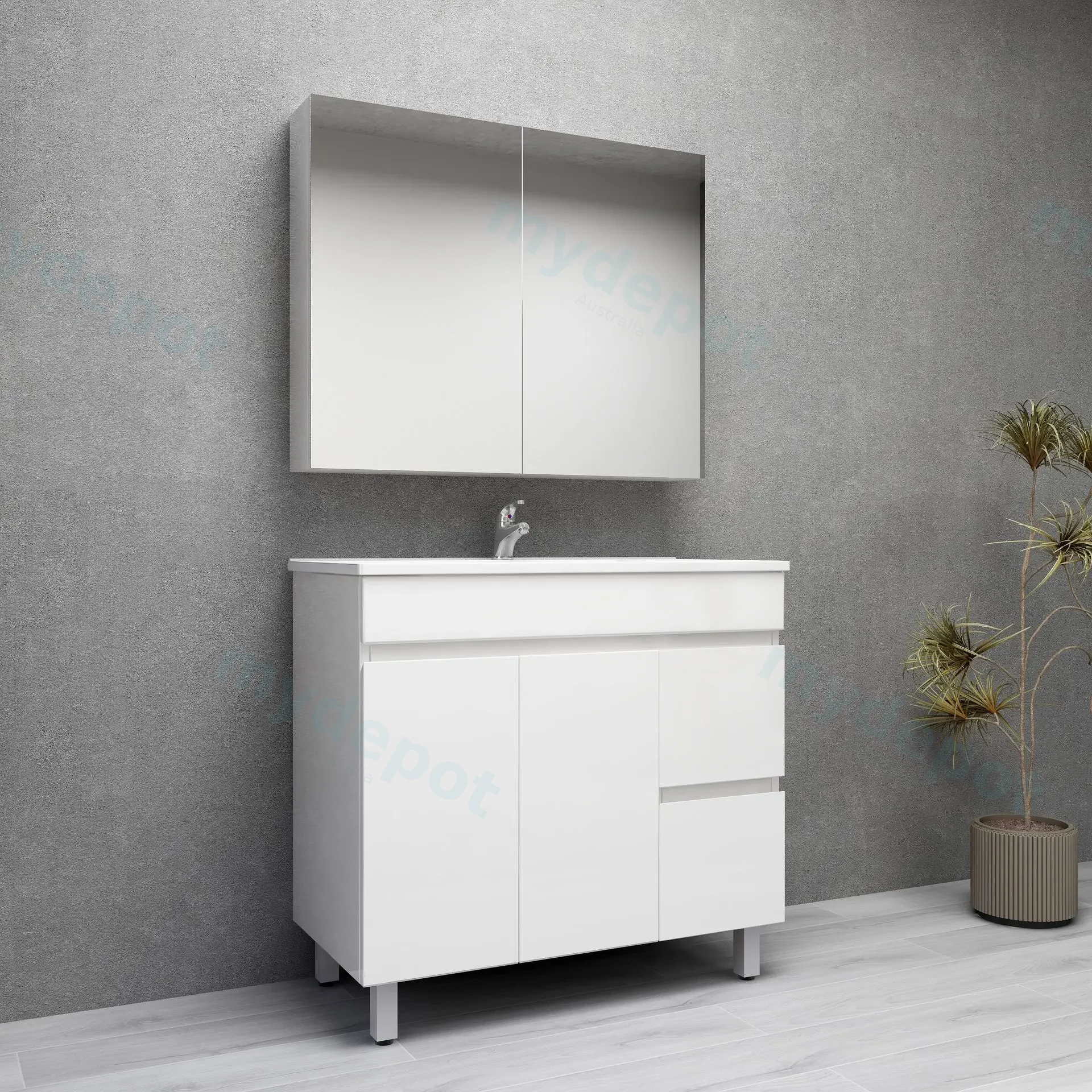 900mm Freestanding Bathroom Vanity Cabinet Only PVC Right Drawer Gloss White view 4