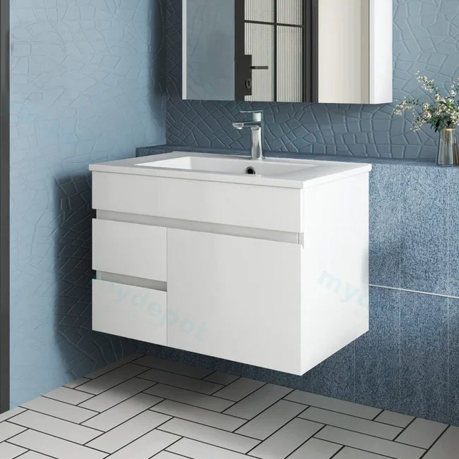750mm Gloss White MDF 2 Left Drawers 1Right Door Wall Hung Bathroom Vanity Cabinet Only view 3