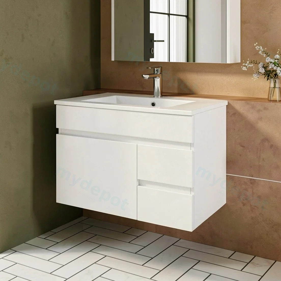750mm Gloss White MDF 2Right Drawers 1 Left Door  Wall Hung Bathroom Vanity Cabinet Only view 3