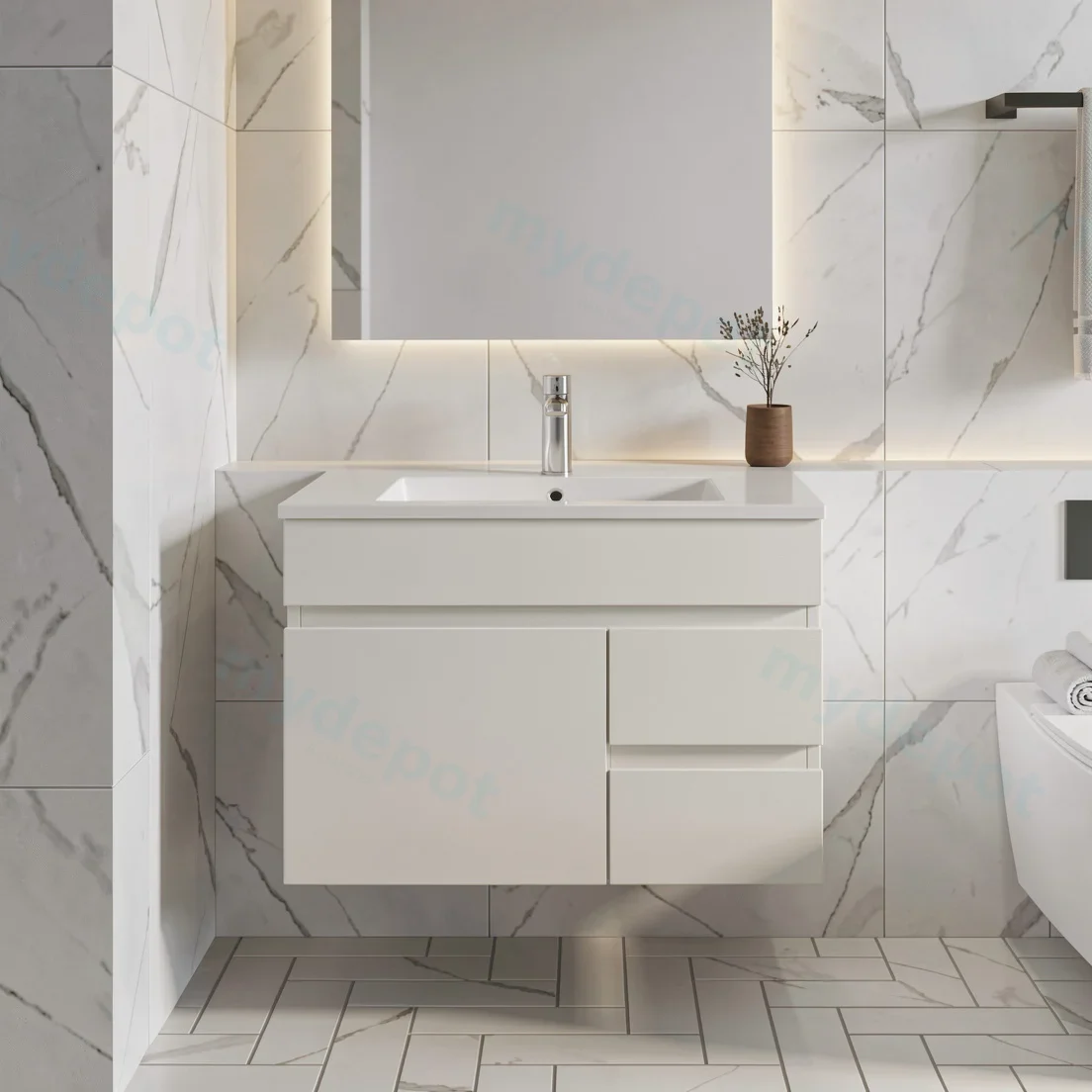 750mm Gloss White MDF 2Right Drawers 1 Left Door  Wall Hung Bathroom Vanity Cabinet Only view 4