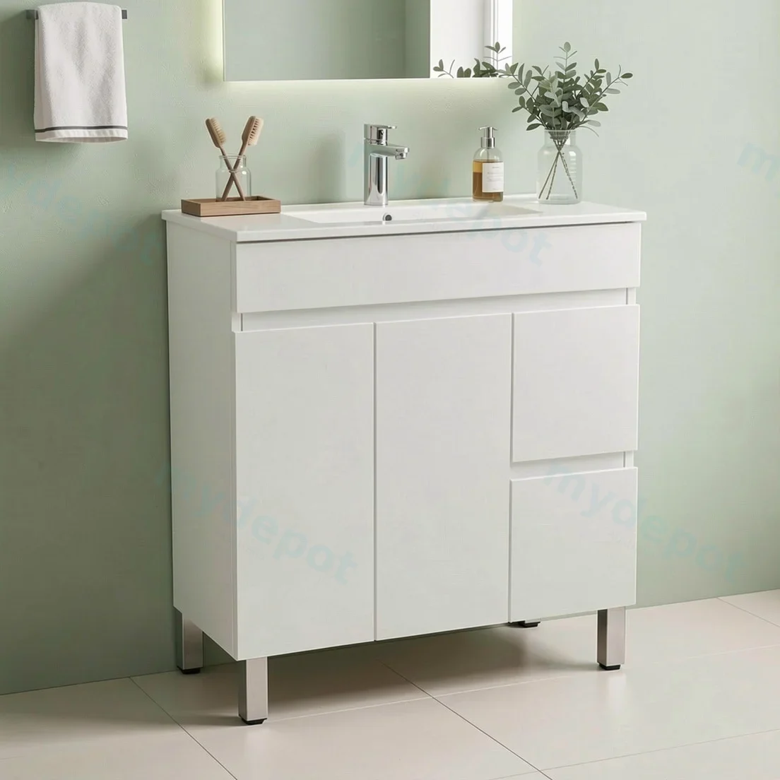 900Lx830Hx350Dmm Gloss White 2PAC MDF 2R/DW 2L/DR Freestanding Vanity view 3