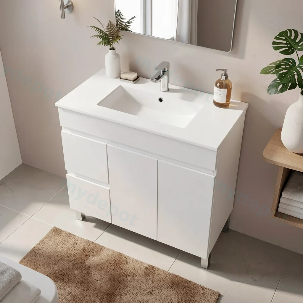 900Lx830Hx450Dmm Gloss White 2PAC MDF 2L/DW 2R/DR Freestanding Vanity view 2