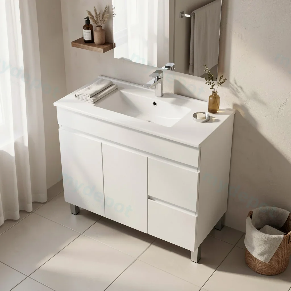 900mm Gloss White MDF 2 Right Drawers 2 Left Doors Freestanding Vanity Cabinet Only view 2