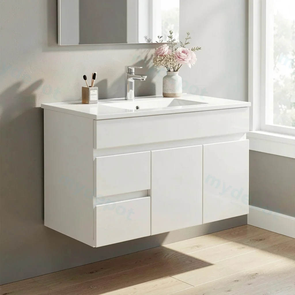 900Lx500Hx450Dmm Gloss White 2PAC MDF 2L/DW 2R/DR Wall Hung Vanity view 2