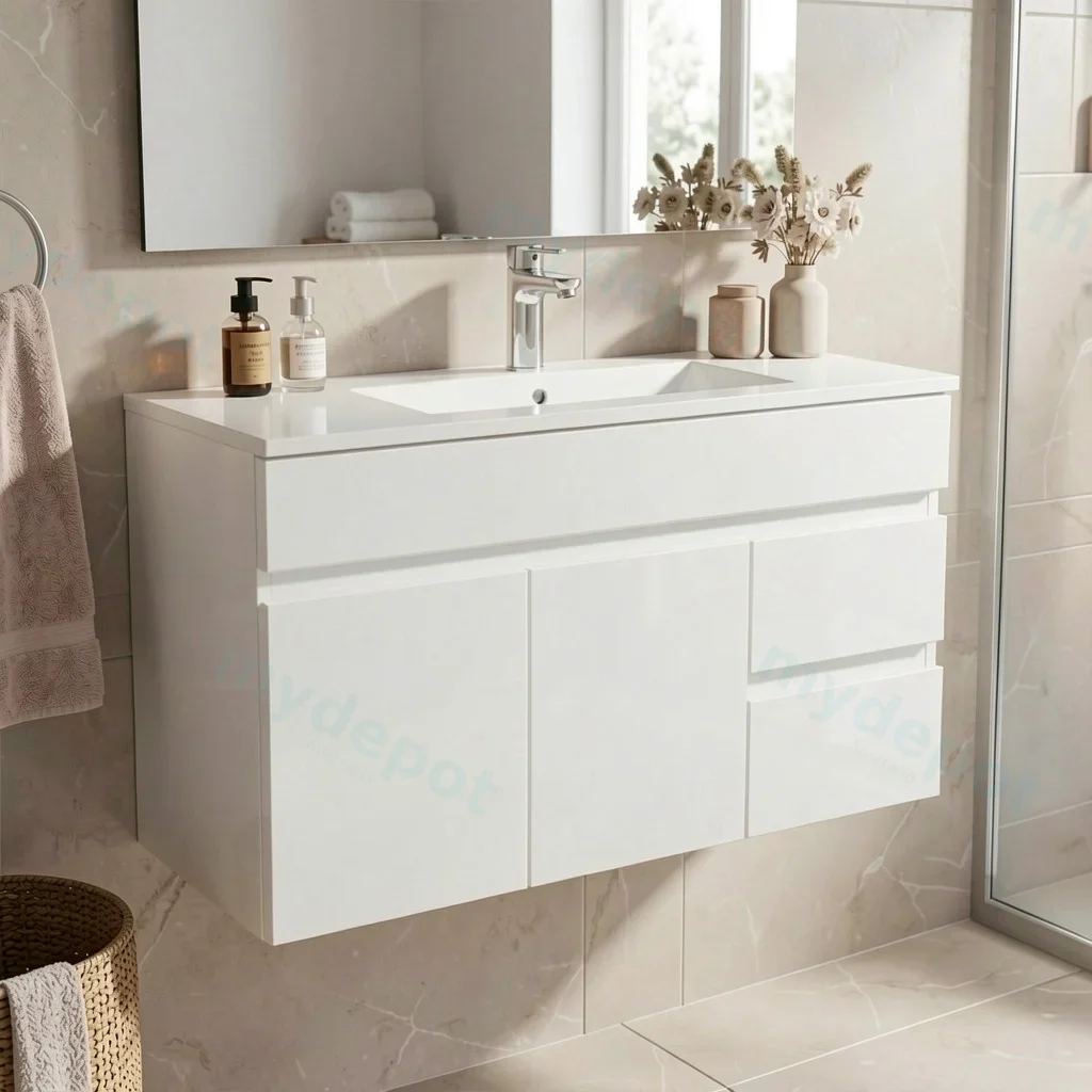 900Lx500Hx450Dmm Gloss White 2PAC MDF 2R/DW 2L/DR Wall Hung Vanity view 2