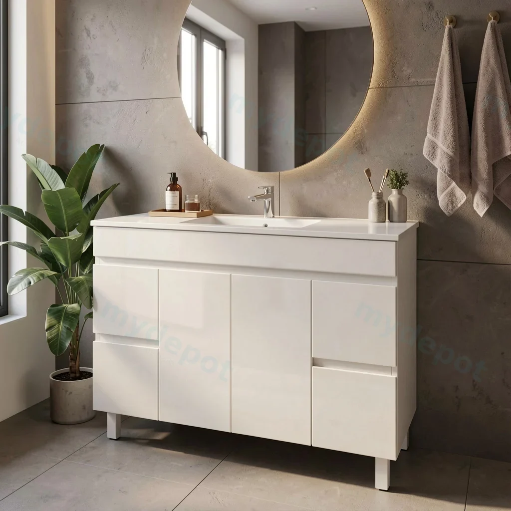1200mm Gloss White MDF 2 Middle Doors 4 Side Drawers Freestanding Bathroom Vanity Cabinet Only view 2