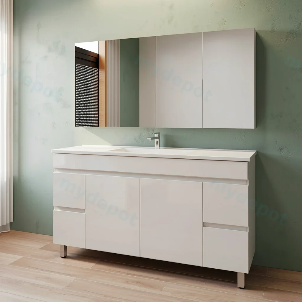 1500mm Gloss White MDF 4 Side Drawers 2 Middle Doors Freestanding Bathroom Vanity Cabinet Only view 2