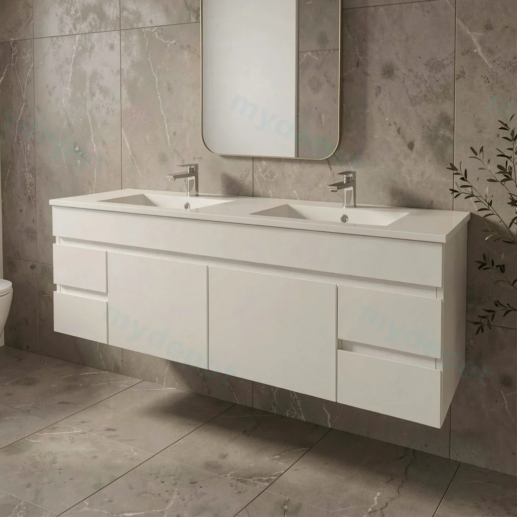 1500mm Gloss White MDF 4 Side Drawers 2 Middle Doors Wall Hung Bathroom Vanity Cabinet Only view 2