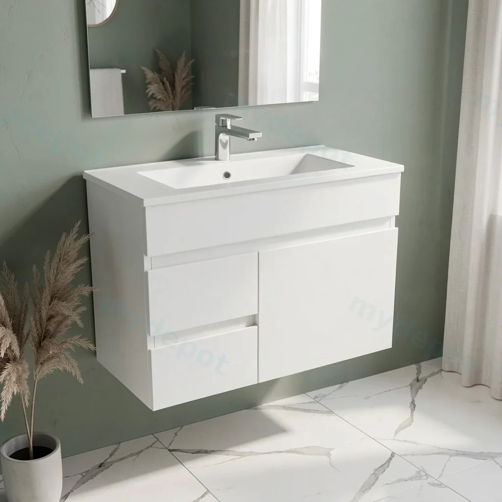 750mm Narrow Gloss White MDF 2 Left Drawers 1Right Door Wall Hung Bathroom Vanity Cabinet Only view 2
