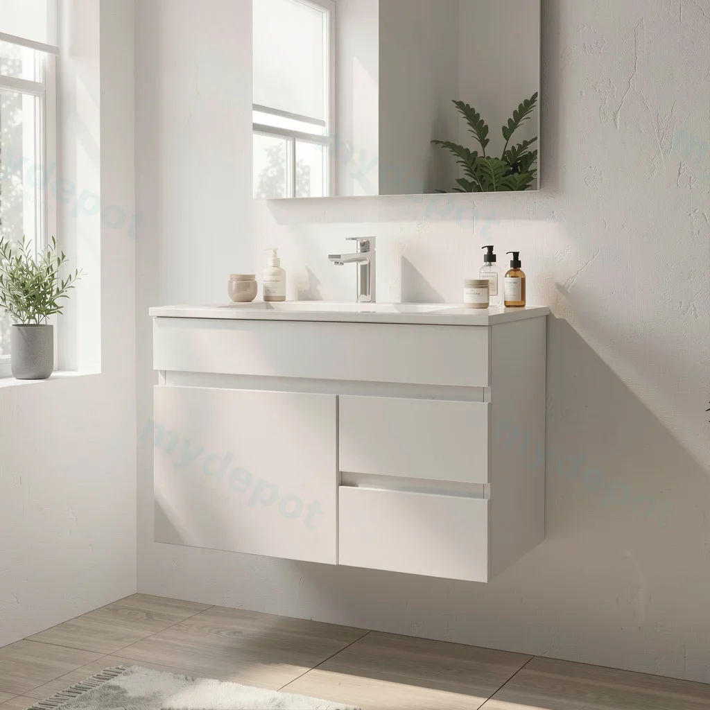 750mm Narrow Gloss White  MDF 2 Right Drawers 1 Left Door Wall Hung Bathroom Vanity Cabinet Only view 2