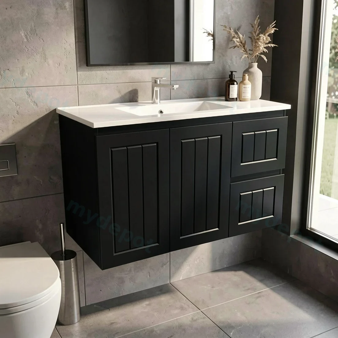 900mm Amber Matte Black MDF 2 Right Drawers 2 Left Doors Wall Hung Bathroom Vanity Cabinet Only view 2