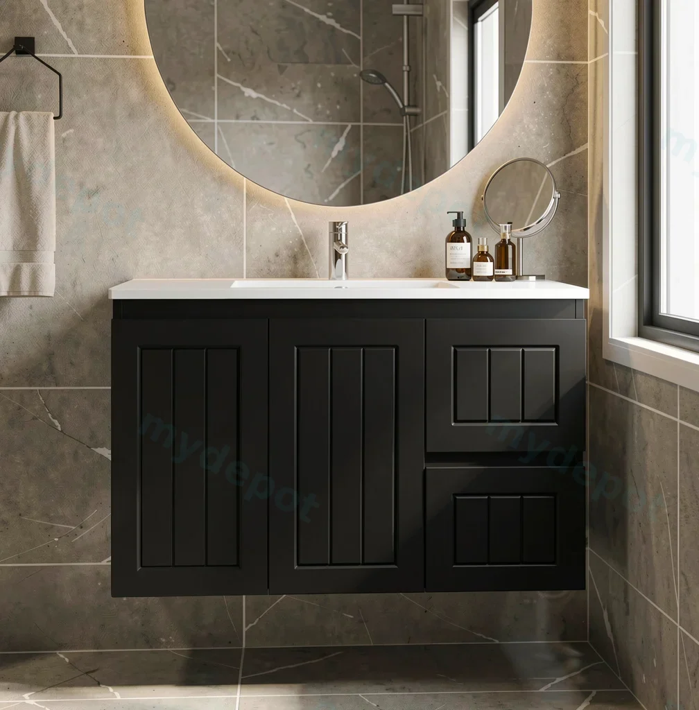 900mm Amber Matte Black MDF 2 Right Drawers 2 Left Doors Wall Hung Bathroom Vanity Cabinet Only view 3