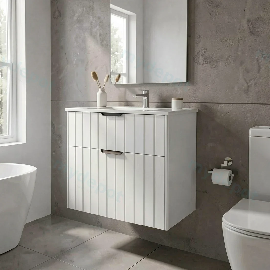 600mm Aria Matte White MDF Two Drawers Wall Hung Bathroom Vanity Cabinet Only With Handle view 6