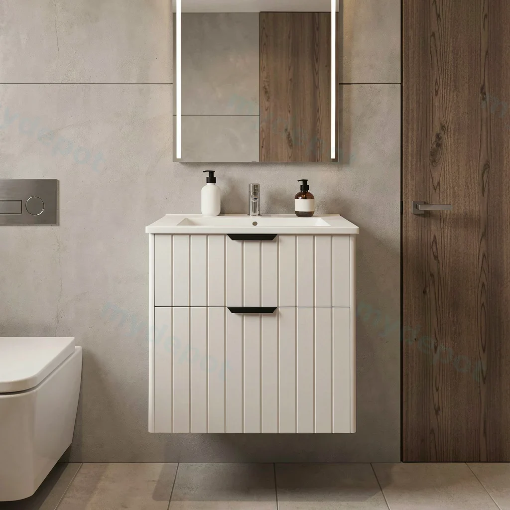 600mm Aria Matte White MDF Two Drawers Wall Hung Bathroom Vanity Cabinet Only With Handle view 7