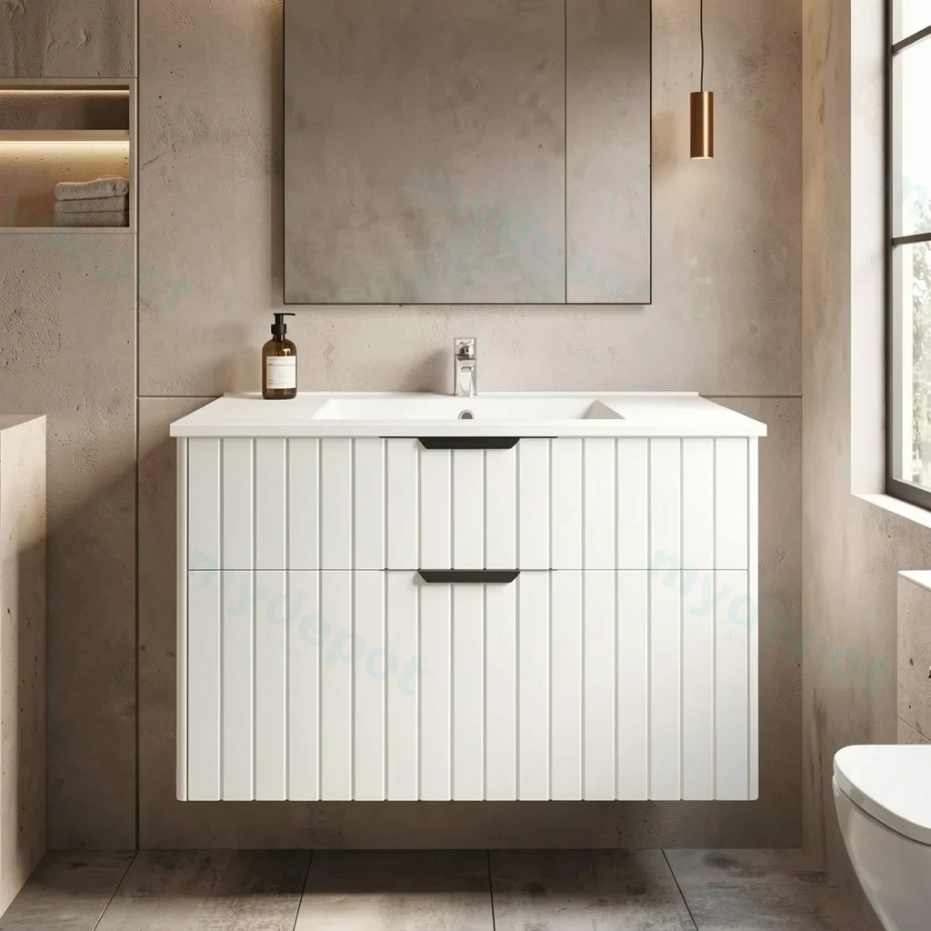900mm Aria Matte White MDF Two Drawers Wall Hung Bathroom Vanity Cabinet Only With Handle view 6