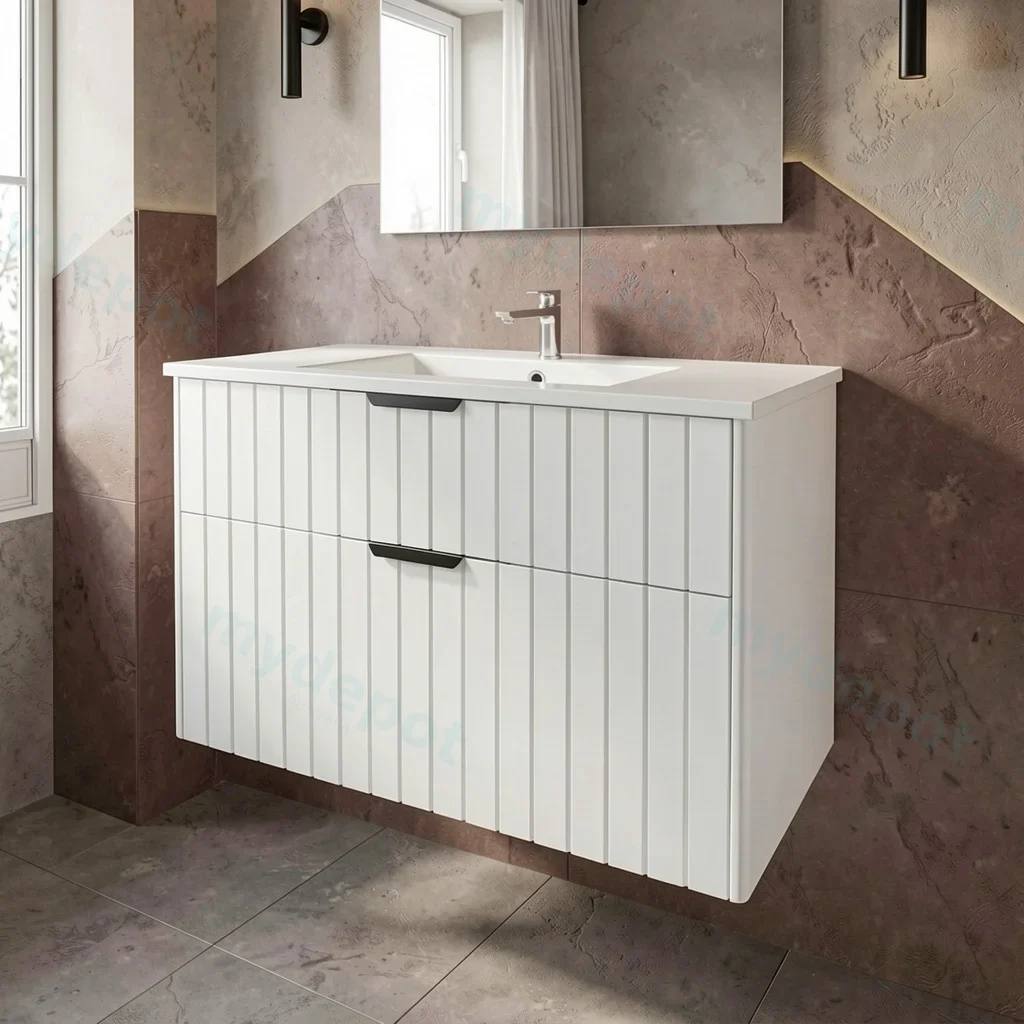 900mm Aria Matte White MDF Two Drawers Wall Hung Bathroom Vanity Cabinet Only With Handle view 7